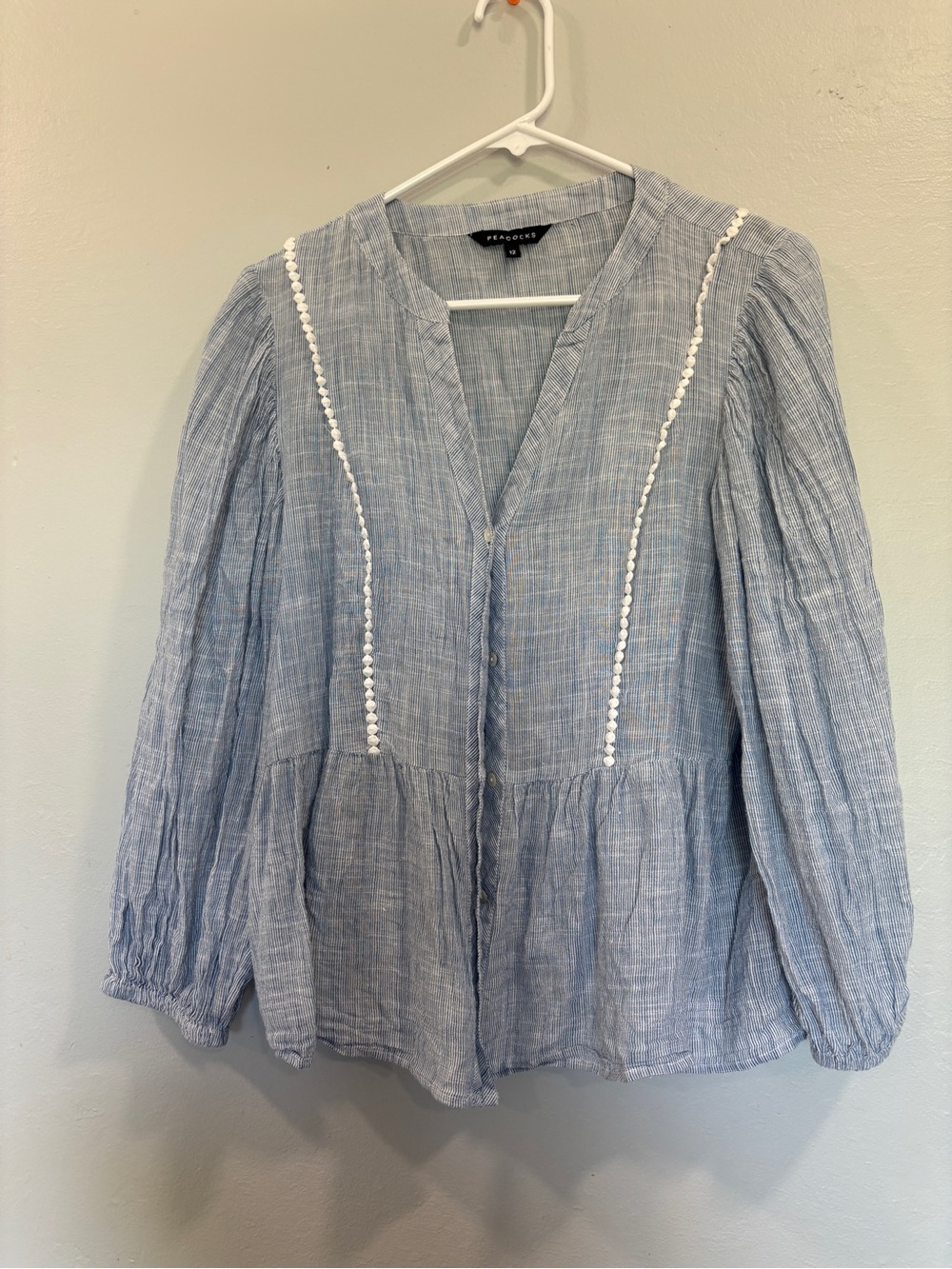 Sea-Ready Light Blue Textured Peasant Blouse with White Trim